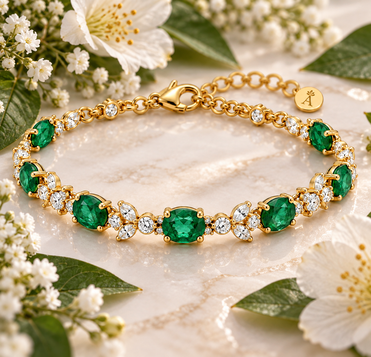 Pulsera de oro con esmeraldas y diamantes